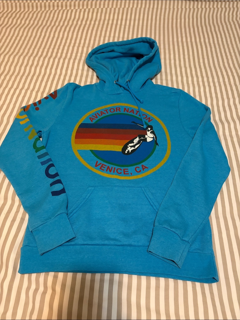 Aviator Nation neon blue Pullover Hoodie with Multicolor Surf Logo